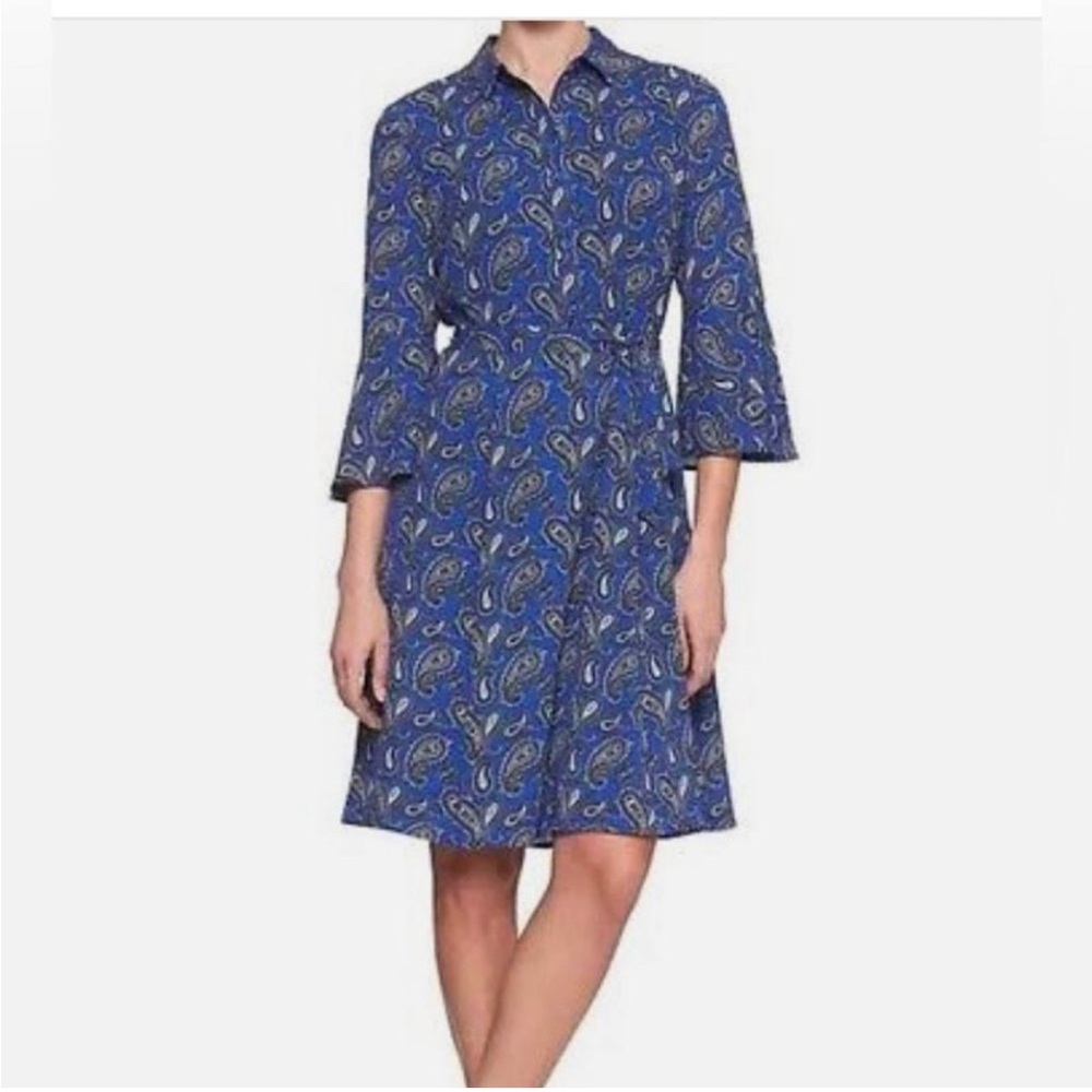 Banana Republic Paisley blue shirt dress with tie waist and bell sleeves